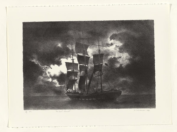 Artist: b'Mortensen, Kevin.' | Title: b'The last sunset' | Date: 1994 | Technique: b'lithograph, printed in black ink, from one stone' | Copyright: b'\xc2\xa9 Kevin Mortensen'