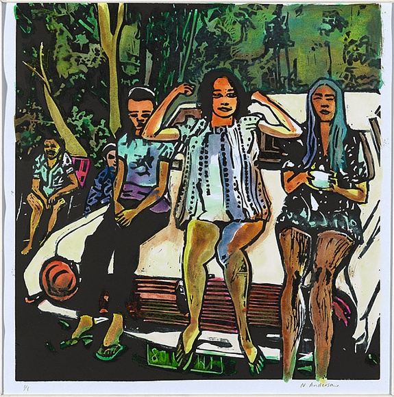 Title: The seventies | Date: c.2009 | Technique: linocut, printed in black ink, from one block; hand-coloured