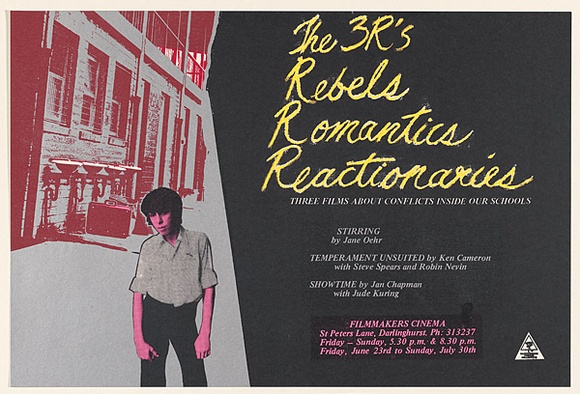 Artist: b'McMahon, Marie.' | Title: bThe 3R's Rebels Romantics Reactionaries. Three films about conflicts within our schools. | Date: 1978 | Technique: b'screenprint, printed in colour, from multiple stencils' | Copyright: b'\xc2\xa9 Marie McMahon. Licensed by VISCOPY, Australia'