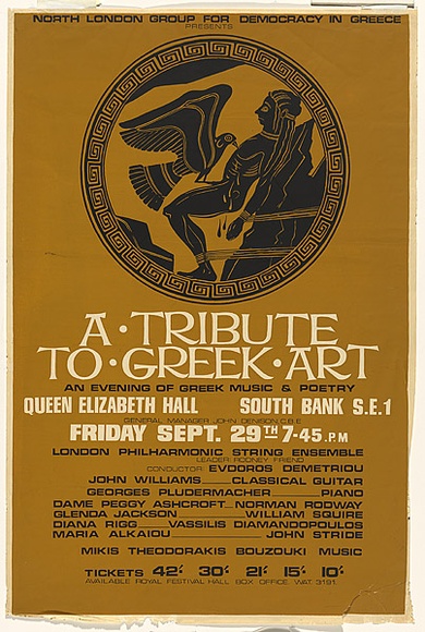 Title: A tribute to Greek art. An evening of Greek music & poetry. Queen Elizabeth Hall, South Bank. | Date: c.1967 | Technique: screenprint, printed in colour, from two stencils