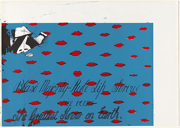 Artist: b'Cowper, Martin.' | Title: b'Blase majority-rule lip service.' | Date: 1977 | Technique: b'screenprint, printed in colour, from three stencils'