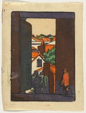 Artist: Cox, Roy. | Title: (View through open door). | Date: c.1932 | Technique: linocut, printed in colour, from mutliple blocks