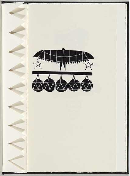 Artist: b'White, Robin.' | Title: b'Not titled (spreadeagled bird above hanging coconuts).' | Date: 1985 | Technique: b'woodcut, printed in black ink, from one block'