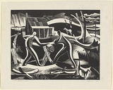 Artist: b'Jack, Kenneth.' | Title: b'The woodcutters' | Date: 1953 | Technique: b'engraving, printed in black ink, from one perspex block' | Copyright: b'\xc2\xa9 Kenneth Jack. Licensed by VISCOPY, Australia'
