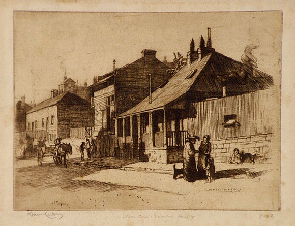 Artist: b'LINDSAY, Lionel' | Title: bNon-Commissioned Officers' quarters, Kent Street | Date: 1911 | Technique: b'etching, printed in brown ink with plate-tone, from one plate' | Copyright: b'Courtesy of the National Library of Australia'