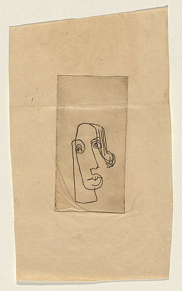 Title: b'not titled [Abstract head- after Matisse]' | Technique: b'etching, printed in brown ink, from one plate'