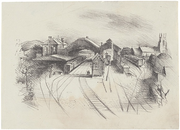 Artist: Jack, Kenneth. | Title: Geelong Railway Station | Date: 1954 | Technique: lithograph, printed in black ink, from one zinc plate | Copyright: © Kenneth Jack. Licensed by VISCOPY, Australia