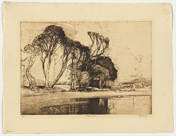 Artist: b'LONG, Sydney' | Title: b'The lake, Avoca' | Date: 1926 | Technique: b'line-etching and drypoint, printed in brown ink with plate-tone, from one zinc plate' | Copyright: b'Reproduced with the kind permission of the Ophthalmic Research Institute of Australia'