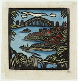 Artist: b'PRESTON, Margaret' | Title: b'Sydney Bridge' | Date: 1944 | Technique: b'woodcut, printed in black ink, from one block; hand-coloured' | Copyright: b'\xc2\xa9 Margaret Preston. Licensed by VISCOPY, Australia'