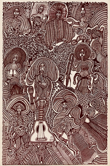 Artist: b'Wungi, Cecil King.' | Title: b'not titled [composition with people and a guitar]' | Date: 1980 | Technique: b'photo-screenprint, printed in madder ink, from one stencil'