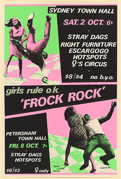 Artist: b'Lane, Leonie.' | Title: b'Frock Rock - Girls Rule O.K.' | Date: 1982 | Technique: b'screenprint, printed in colour, from three stencils' | Copyright: b'\xc2\xa9 Leonie Lane'