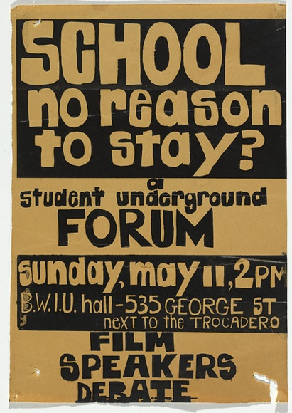 Artist: b'MACKINOLTY, Chips' | Title: b'School, no reason to stay?' | Date: 1969 | Technique: b'screenprint, printed in black, from one stencil'