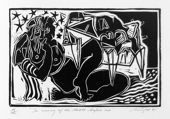 Artist: b'Wright, Doug.' | Title: b'In memory of the table before me' | Date: 1981 | Technique: b'linocut, printed in black ink, from one block'