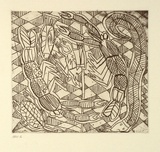 Artist: b'Green, Eddie.' | Title: b'Jrrrimbah, bat, snake and turtle' | Date: 1994, October - November | Technique: b'etching, printed in black ink, from one plate'