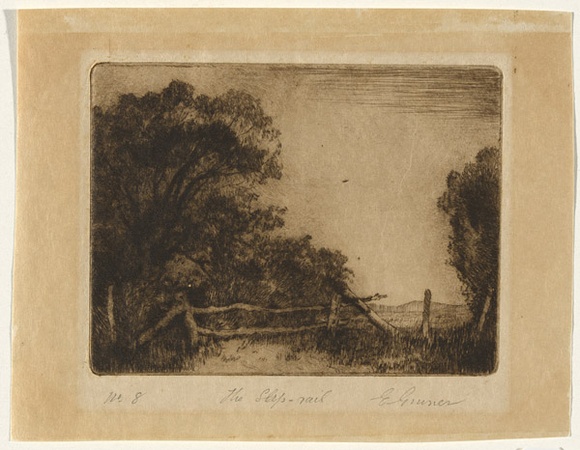 Artist: b'Gruner, Elioth.' | Title: b'The slip-rail' | Date: c.1920 | Technique: b'drypoint, printed in brown ink with plate-tone, from one plate'