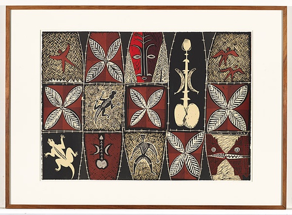 Artist: bFeu'u, Fatu | Title: b'Talosaga pouli (Ancient worship of the Black Lizard by night).' | Date: 2001 | Technique: b'woodcut, printed in colour, from multiple blocks'