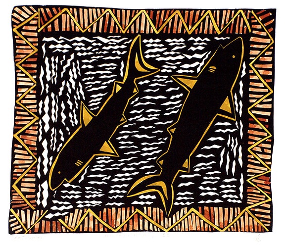 Artist: b'NWOMATAKIMI' | Title: b'Tortuwarli' | Date: 1988 | Technique: b'screenprint, printed in black ink, from one stencil; hand-coloured'