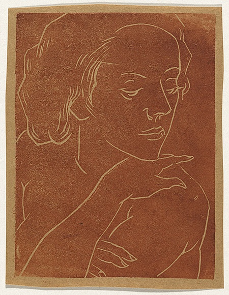 Artist: b'Bell, George..' | Title: b(Woman's head, shoulders and arm). | Technique: b'linocut, printed in black ink, from one block'