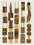 Artist: TUNGUTALUM, Bede | Title: Pukumani poles | Date: 1988 | Technique: linocut, printed in colour, from multiple blocks | Copyright: © Bede Tungutalum, Licensed by VISCOPY, Australia