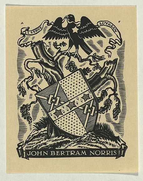 Artist: b'FEINT, Adrian' | Title: b'Bookplate: John Bertram Norris.' | Date: (1934) | Technique: b'wood-engraving, printed in black ink, from one block' | Copyright: b'Courtesy the Estate of Adrian Feint'