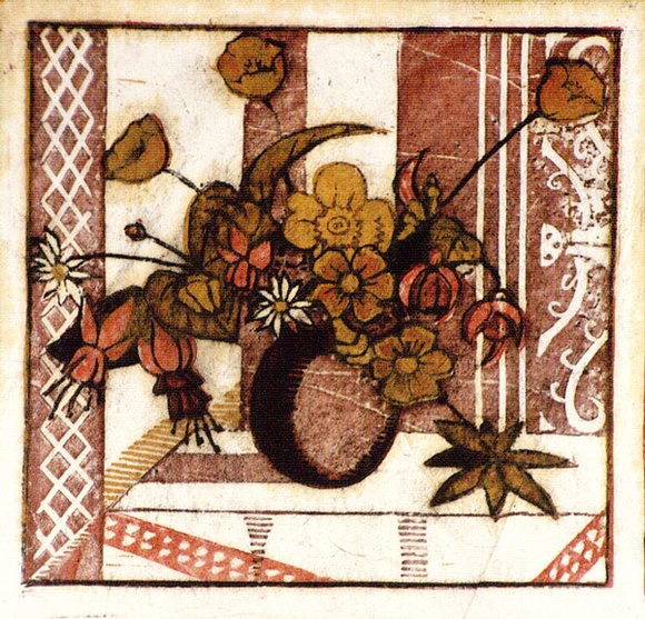 Artist: b'Syme, Eveline' | Title: b'Mixed flowers' | Date: 1933 | Technique: b'linocut, printed in colour, from four blocks (yellow ochre, vermillion, cobalt, ultramarine)'