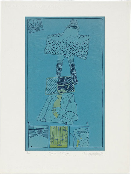 Artist: b'WALKER, Murray' | Title: b'Jazzman and stripper.' | Date: 1975 | Technique: b'linocut, printed in colour, from multiple blocks'