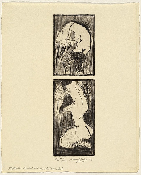 Artist: b'WALKER, Murray' | Title: b'Vigorous model and painter and model' | Date: 1966 | Technique: b'drypoint and roulette, printed in black ink, from two plates'