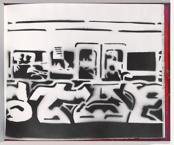 Title: b'Derailed' | Date: 2003 | Technique: b'stencil, printed in black aerosol paint, from one stencil'