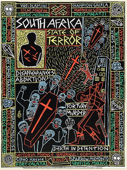 Artist: b'REDBACK GRAPHIX' | Title: b'Amnesty: South Africa, State of terror.' | Date: 1986 | Technique: b'screenprint, printed in colour, from four stencils' | Copyright: b'\xc2\xa9 Michael Callaghan'