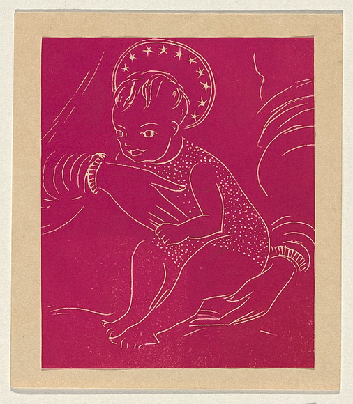 Title: b'not titled [Christ child]' | Technique: b'woodcut, printed in pink ink, from one block'