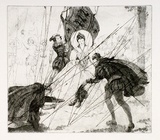 Artist: FEINT, Adrian | Title: (Sir Walter Raleigh throwing down his cloak for Elizabeth I). | Technique: etching, printed in black ink, from one plate | Copyright: Courtesy the Estate of Adrian Feint