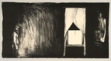 Artist: b'Trenfield, Wells.' | Title: b'not titled [figure in corner with screen blind half up]' | Date: 1982 | Technique: b'lithograph, printed in colour, from multiple stones'