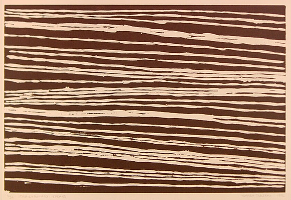 Artist: Tjupurrula, Turkey Tolsen | Title: not titled [Straightening the spears] | Date: 1992 | Technique: linocut, printed in brown ink, from one block
