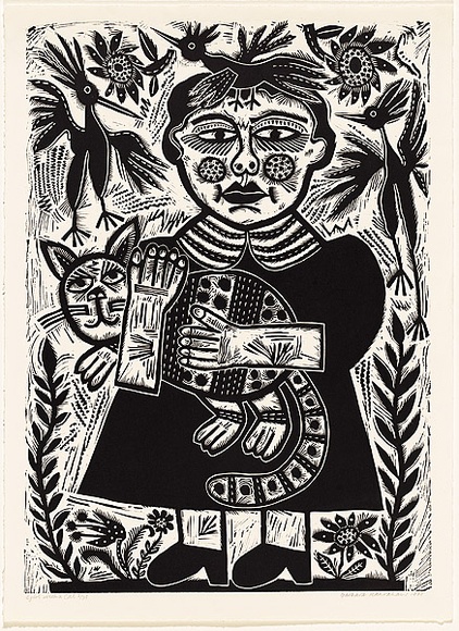 Artist: b'HANRAHAN, Barbara' | Title: b'Girl with a cat' | Date: 1988 | Technique: b'linocut, printed in black ink, from one block'