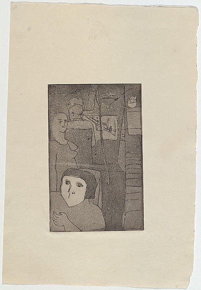 Artist: b'Barwell, Jennifer.' | Title: b'(Bus ride).' | Date: (1955) | Technique: b'etching and aquatint printed in black ink from 1 copper/zinc plate'