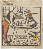 Artist: LINDSAY, Norman | Title: The drinkers | Date: (1898) | Technique: woodcut, printed in black ink, from one block; hand-coloured