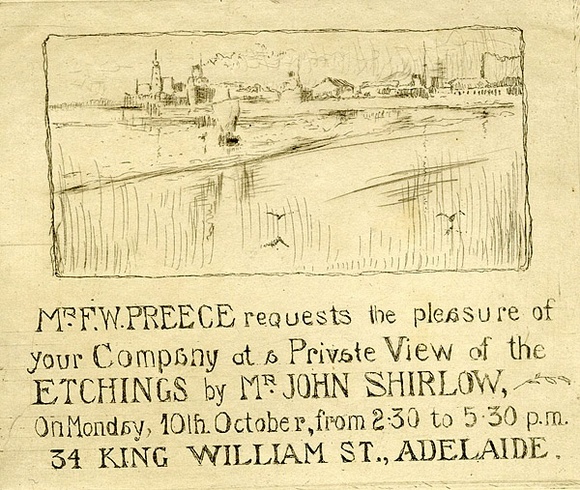 Artist: b'SHIRLOW, John' | Title: b'Invitation to exhibition at Preece Galleries, Adelaide.' | Date: 1921 | Technique: b'etching, printed in black ink, from one copper plate'