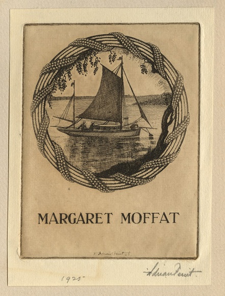 Artist: b'FEINT, Adrian' | Title: b'Bookplate: Margaret Moffat.' | Date: 1925 | Technique: b'etching, printed in brown ink with plate-tone, from one plate' | Copyright: b'Courtesy the Estate of Adrian Feint'