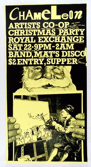 Artist: b'ARNOLD, Raymond' | Title: b'Chameleon Artists Co-op Christmas party.' | Date: 1984 | Technique: b'screenprint, printed in black ink, from one stencil'