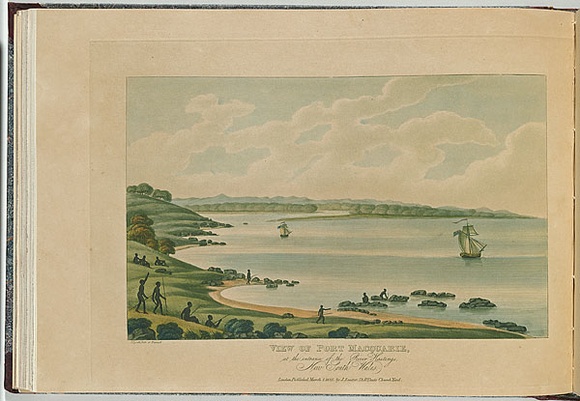 Artist: b'Lycett, Joseph.' | Title: b'View of Port Macquarie at the entrance of the River Hastings, New South Wales.' | Date: 1825 | Technique: b'etching and aquatint, printed in black ink, from one copper plate; hand-coloured'