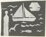 Artist: Blackman, Charles. | Title: not titled [boats, birds and figure]. | Date: c.1952 | Technique: screenprint, printed in white ink, from one stencil