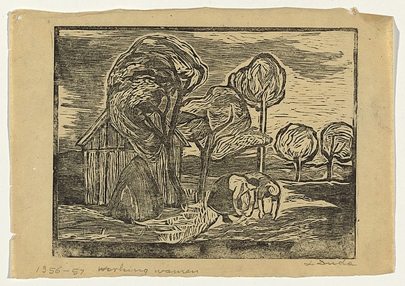 Artist: Groblicka, Lidia | Title: Working women | Date: 1956-57 | Technique: woodcut, printed in black ink, from one block