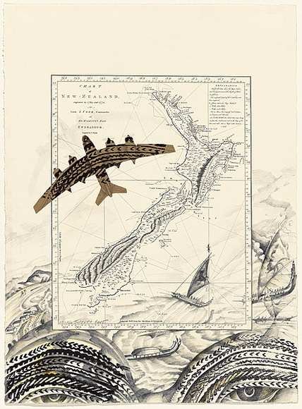 Artist: b'Tuffery, Michel.' | Title: b'Mata Mata Bomber' | Date: 2005 | Technique: b'woodcut collage, printed in black ink, from multiple blocks; additions in graphite' | Copyright: b'\xc2\xa9 Michel Tuffery'