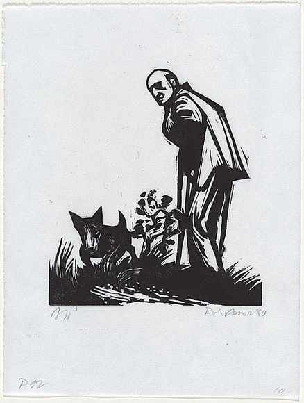 Artist: b'AMOR, Rick' | Title: b'[Marshall and dog]' | Date: 1984 | Technique: b'linocut, printed in black ink, from one block' | Copyright: b'\xc2\xa9 Rick Amor. Licensed by VISCOPY, Australia.'