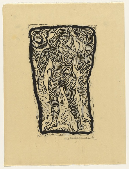 Artist: b'HANRAHAN, Barbara' | Title: b'Diana' | Date: 1962 | Technique: b'linocut, printed in black ink, from one block'