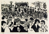 Artist: b'Allen, Joyce.' | Title: b'Pot Plant Society reception.' | Date: 1970 | Technique: b'linocut, printed in black ink, from one block'