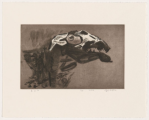 Artist: b'SHIHE, Dai' | Title: b'not titled [animal skull beside scrub].' | Date: 2004, March 3 | Technique: b'etching and aquatint, printed in sepia ink, from one plate'
