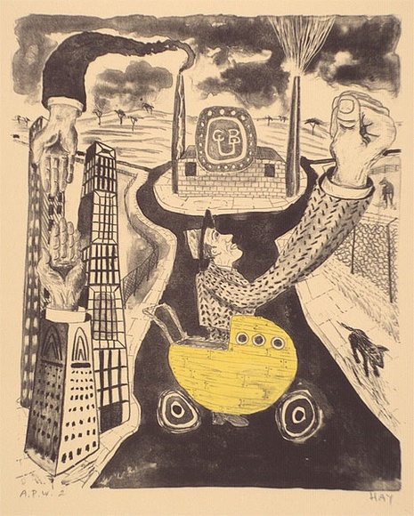 Artist: b'Hay, Bill.' | Title: b'Fading monuments' | Date: 1989, June-August | Technique: b'lithograph, printed in black ink, from one stone; hand-coloured'