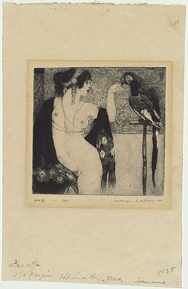 Artist: b'LINDSAY, Norman' | Title: b'Lady and the parrot.' | Date: 1917 | Technique: b'etching, and softground-etching, printed in dark blue black ink, from one plate'