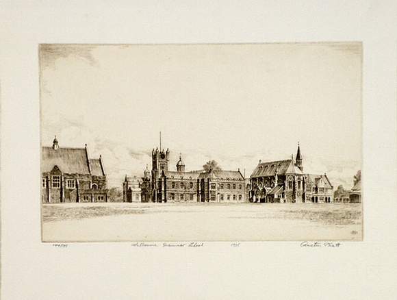 Artist: b'PLATT, Austin' | Title: b'Melbourne Grammar School' | Date: 1935 | Technique: b'etching, printed in black ink, from one plate'